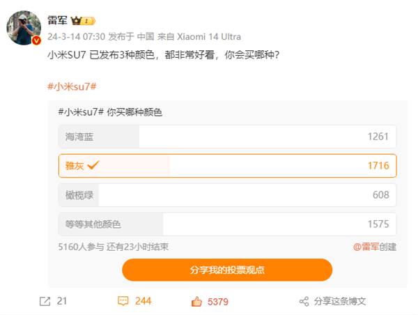 3月28日上市交付！雷军微博调研：小米SU7 3种颜色你会买哪个 第2张