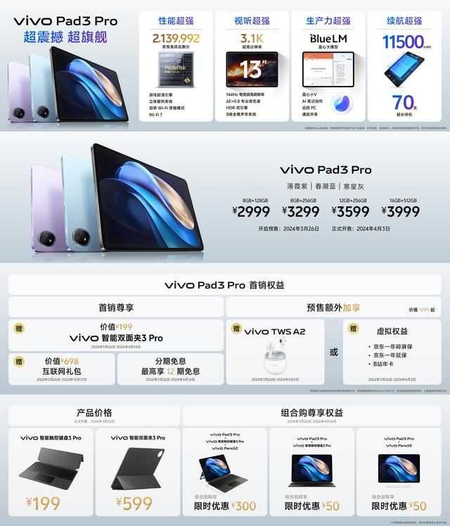 超旗舰之作vivo Pad3 Pro平板正式发布:天玑9300+超长待机70天+2999元起 第1张