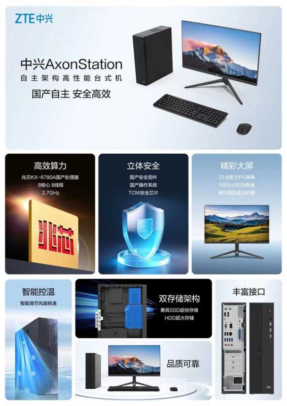 国产自主架构台式机！中兴AxonStation发布：搭载兆芯KX-6780A+国产系统 第3张