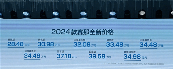 全系降价2.5万元！2024款丰田赛那上市：28.48万起 第1张