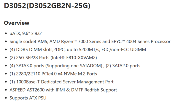 直接用上双25Gbps SFP28网口！微星推出D3052 AM5主板 第4张