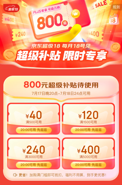 可叠万券：京东超级18 PLUS领800元超级补贴、200减20优惠券 第2张