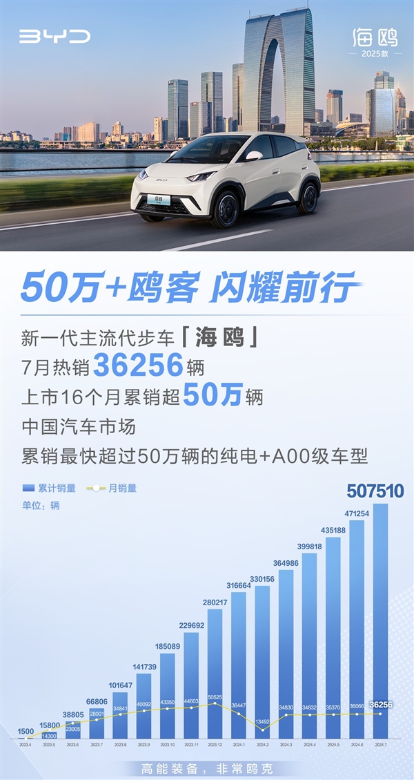 纯电A00级小车最强选手！比亚迪海鸥上市16个月销量超50万 第1张