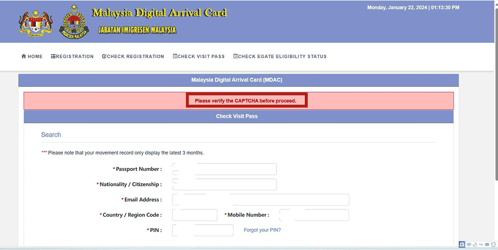 马来西亚入境卡 Please verify the CAPTCHA before proceed解决方法 第1张