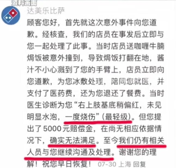 网友吃达美乐被烫成二度烧伤：被迫滞留当地 第2张