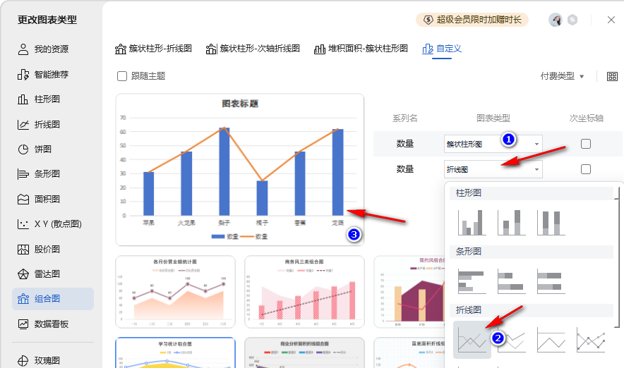 WPS柱形图如何添加一条折线 WPS柱形图中添加一条折线的方法 第7张