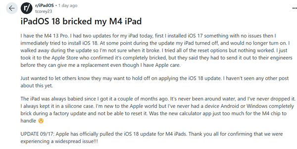 苹果iPadOS 18更新翻车！M4版iPad Pro升级黑屏变砖 第2张