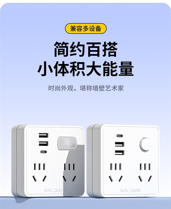 Type-C+小夜灯：钊牛智能方形插座10.9元大促（减24元） 第3张