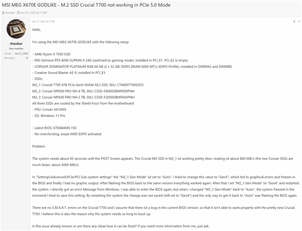 AMD X670E主板诡异Bug：PCIe5.0 SSD突然变PCIe1.0！死机无法启动 第5张