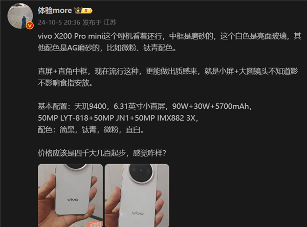 质感拉满！vivo X200 Pro mini设计曝光：哑机中框为磨砂材质 第1张