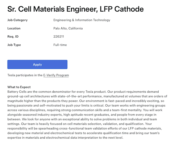 为生产磷酸铁锂电池做准备：特斯拉招聘电池材料工程师 第1张