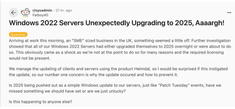 Windows Server 更新出乱：2022就地自动升级为2025