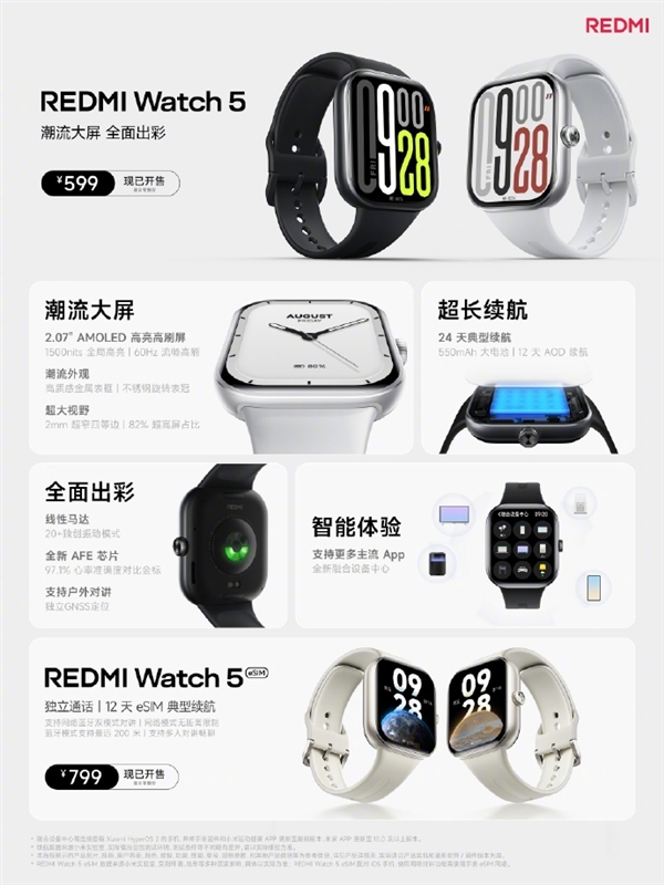 599元起 REDMI Watch 5系列发布：支持网络、蓝牙双模式对讲 第3张