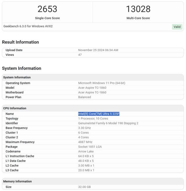 Core Ultra 5 225F处理器跑分曝光 整体性能媲美Core i5-13600 第4张