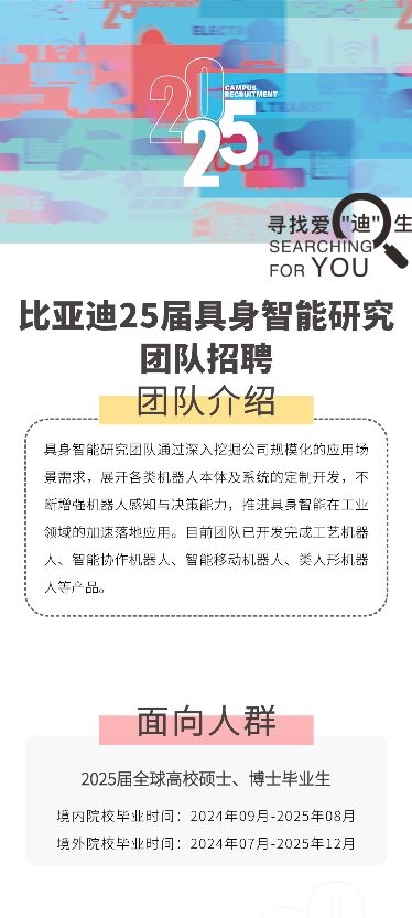 比亚迪加入人形机器人领域！面向全球高校招聘硕士、博士毕业生等人才