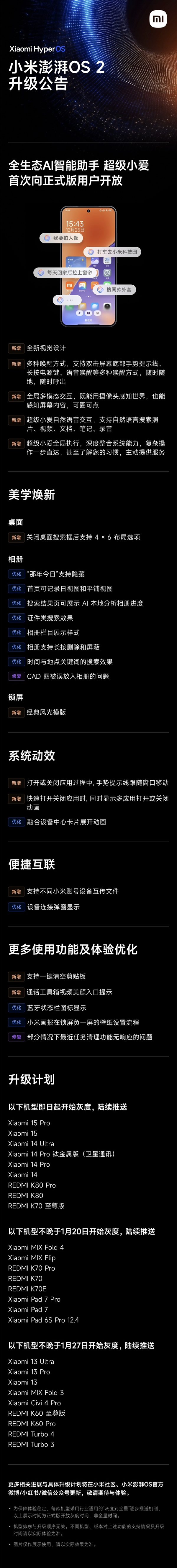 超级小爱首次面向正式版用户开放升级：小米15/REDMI K80系列首发尝鲜 第2张