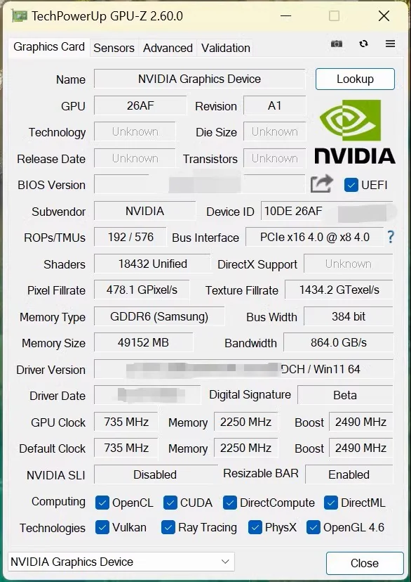 未发布NVIDIA RTX Titan Ada显卡现身！满血AD102芯片、48GB大显存