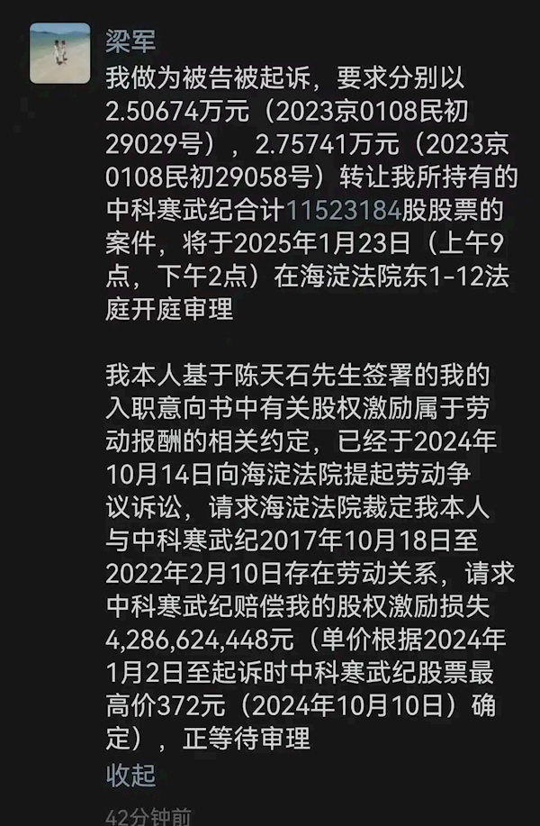 国产AI芯片第一股：寒武纪遭前CTO梁军起诉索赔42.9亿元股权激励